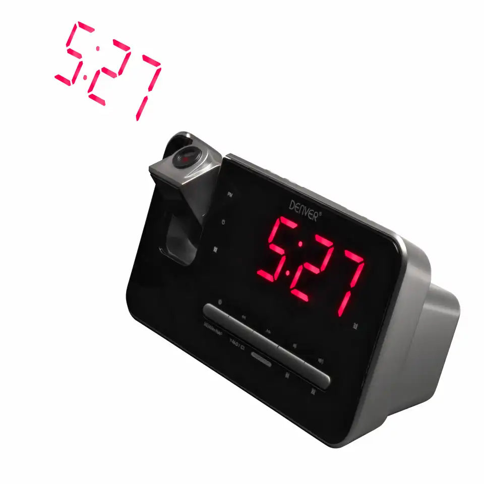 Radio reloj FM Denver PLL con alarma dual, proyección de reloj de 180° y pantalla LED de 1,2" | CRP-618